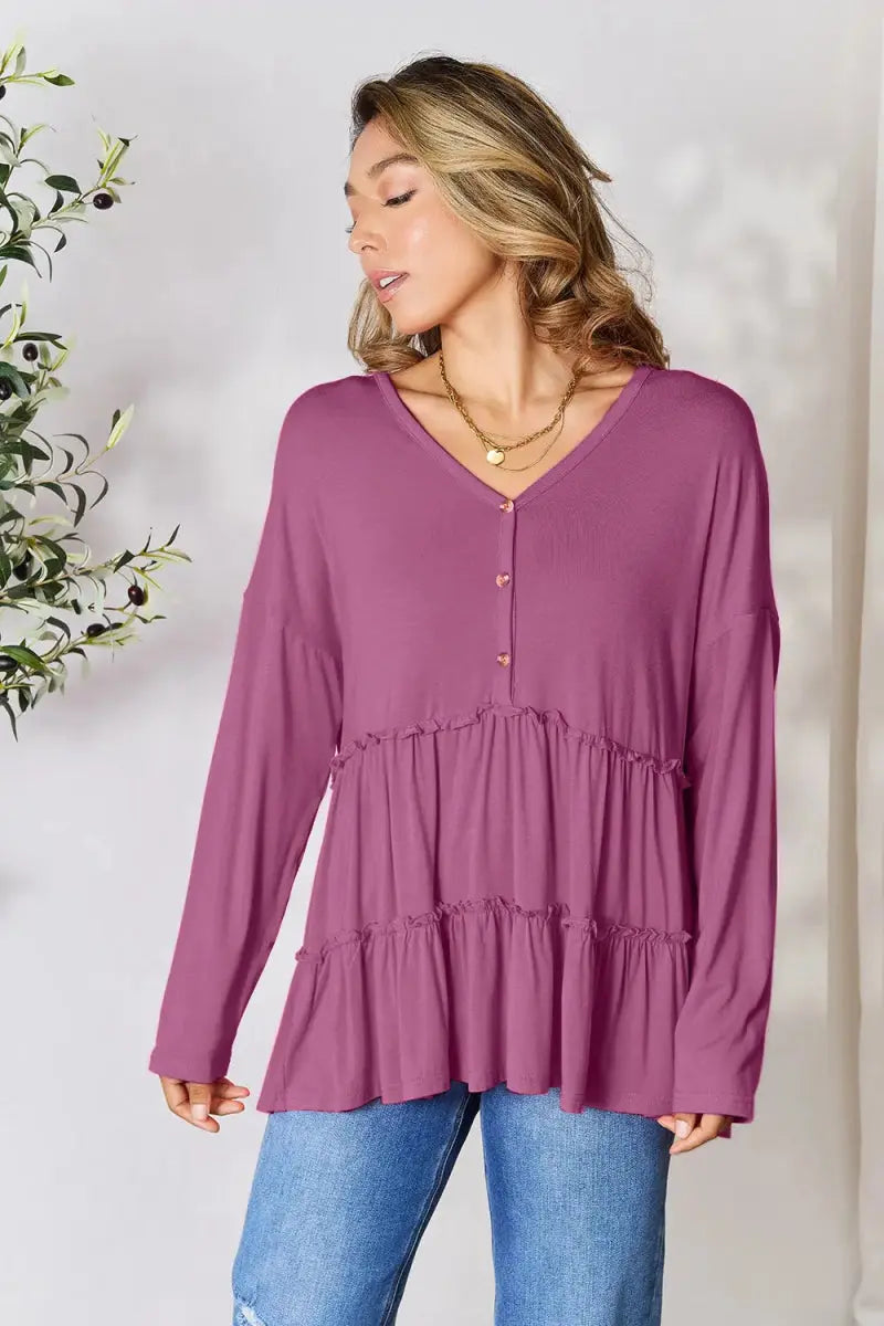 Double Take Half Button Long Sleeve Ruffle Hem Blouse - Love Salve